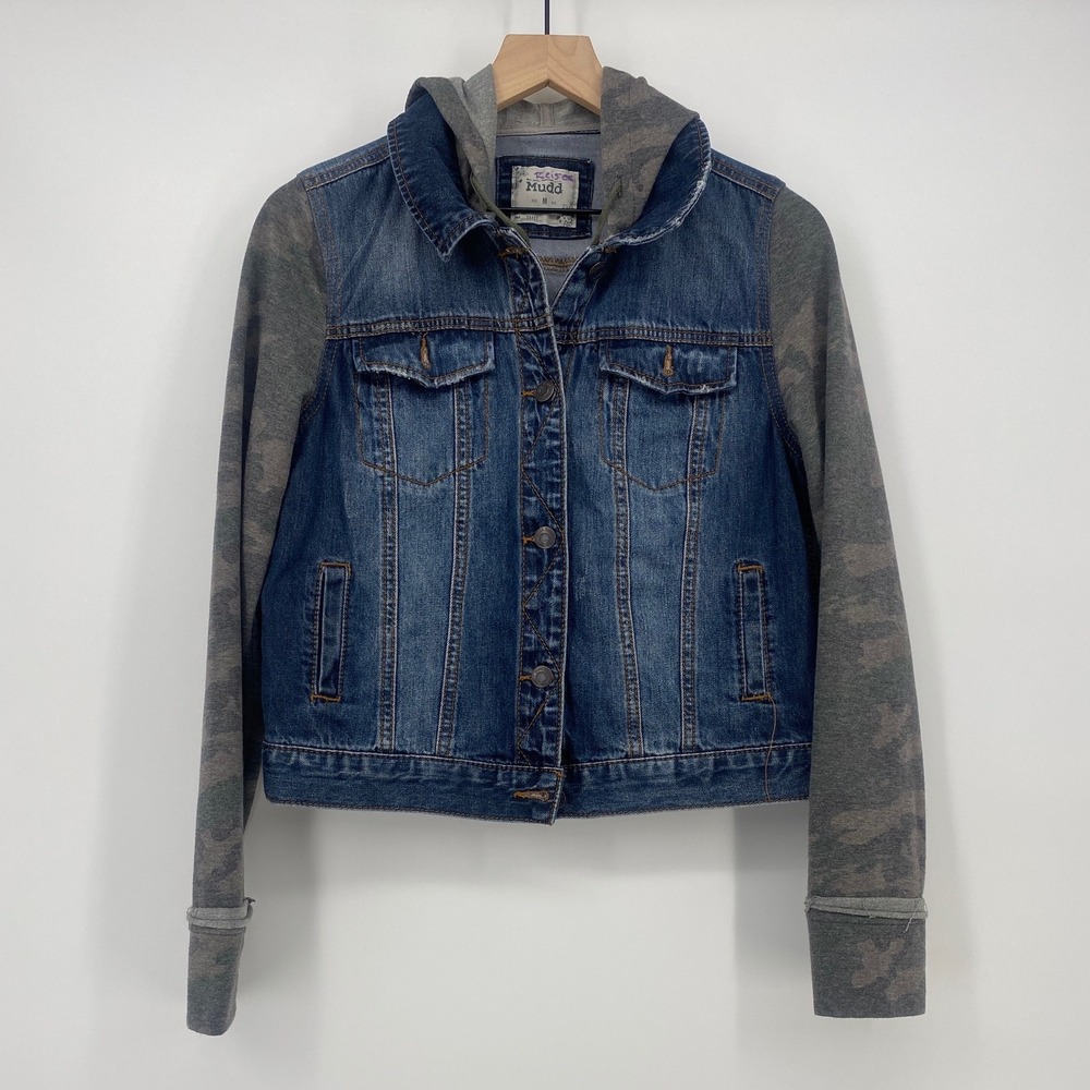 Mudd Denim Jacket M Blue Grey Camo Sleeve Hooded Mixed Media Good Condition